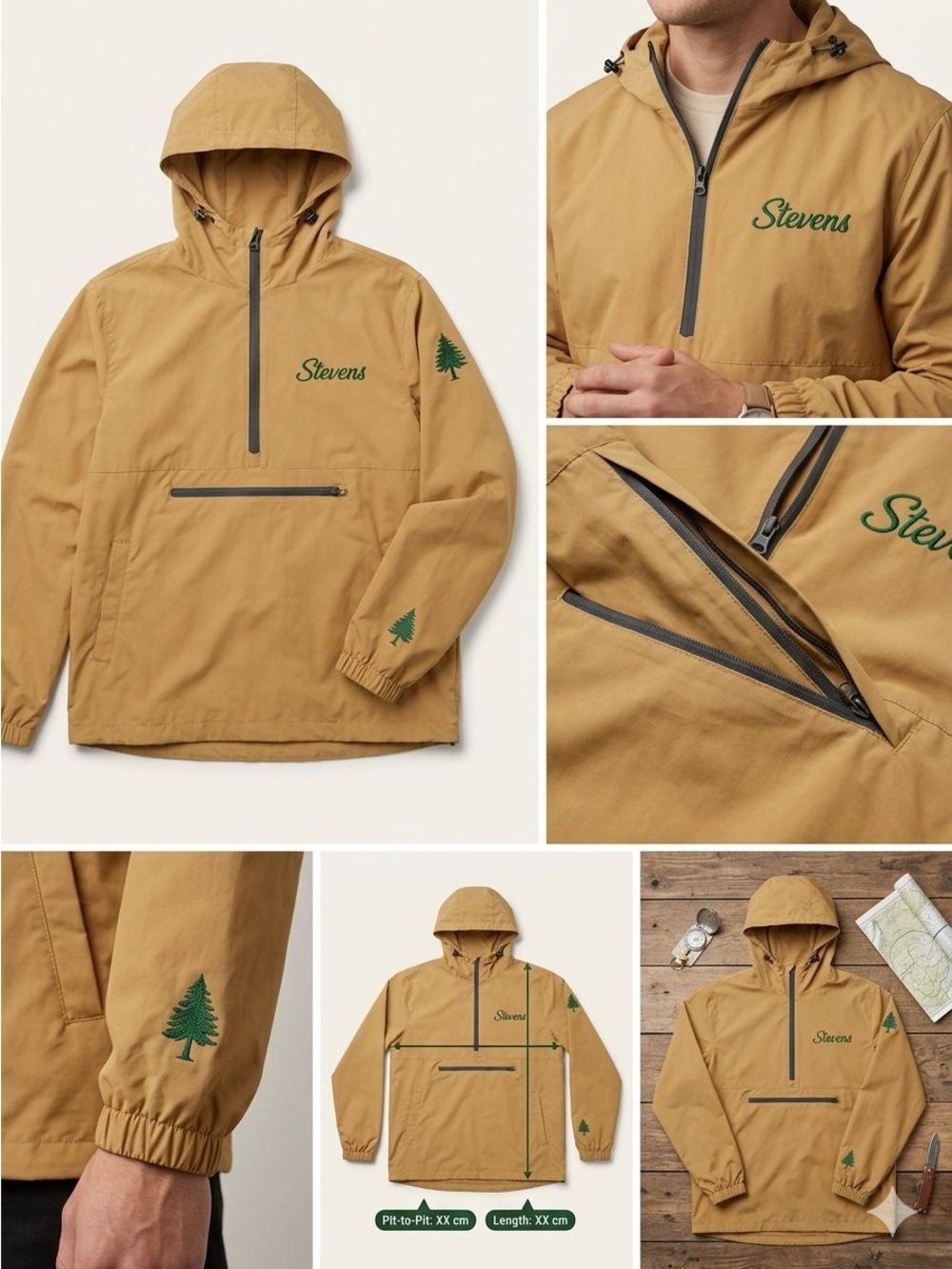 For All Mankind Tan Hooded Pullover Windbreaker with Green Embroidery